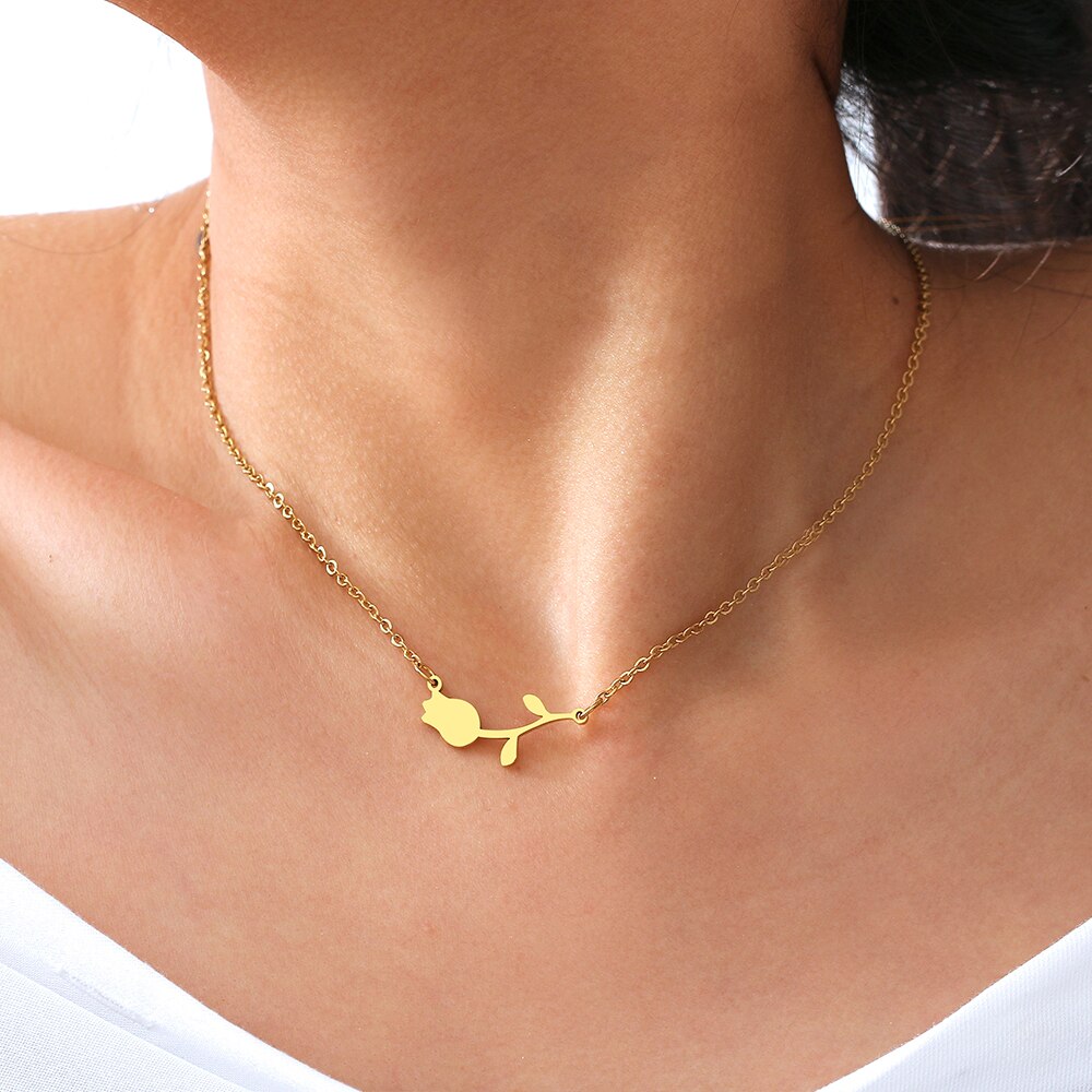 Stainless Steel Necklaces Rose Valentines Pendant Collar Chain Necklace For Women Jewelry Wedding Party Wife Gifts 1Pcs