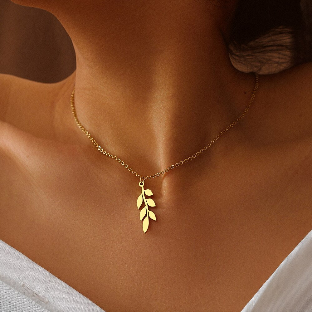Stainless Steel Necklaces Simple Leaf Amulet Pendant Choker Chain Necklace For Women Jewelry Party Girls Friends Gifts