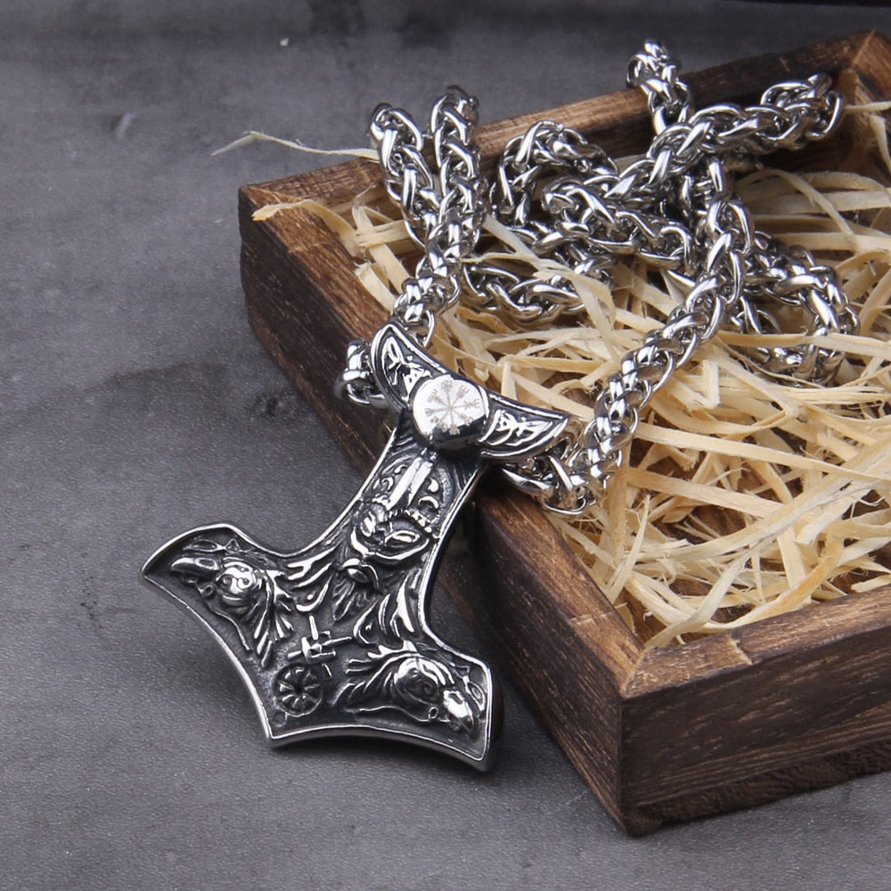 Stainless Steel Nordic Odin with raven necklace thor hammer viking necklace with wooden box as gift