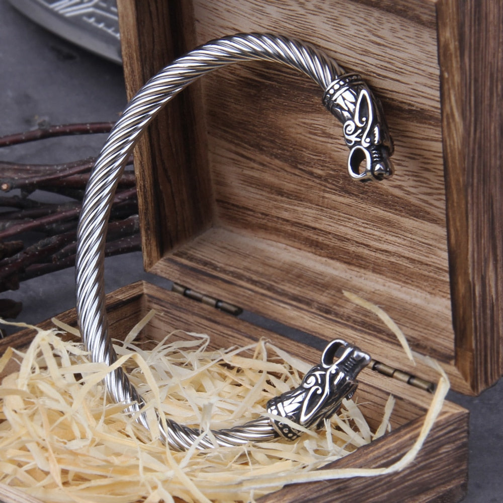 Stainless Steel Nordic Viking Norse Dragon Bracelet Men Wristband Cuff Bracelets with Viking Wooden Box