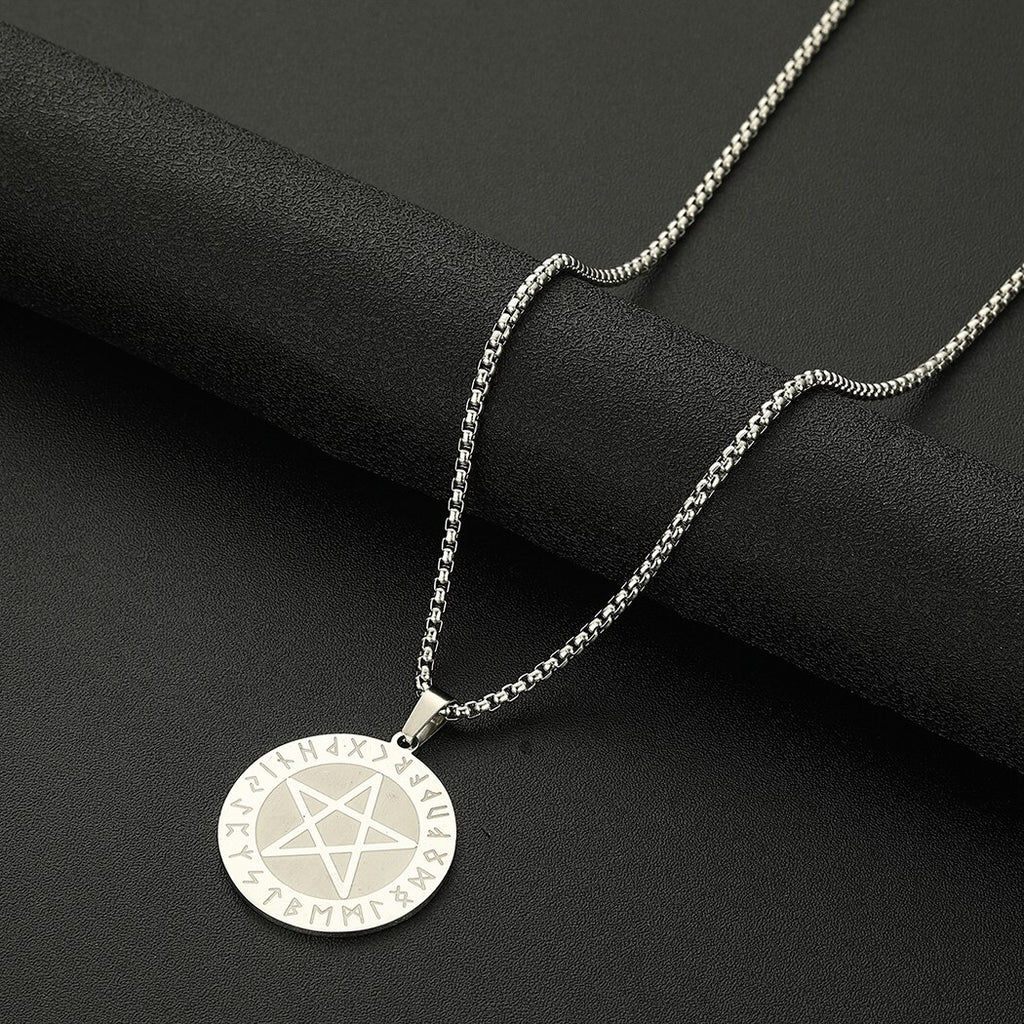 Stainless Steel Pentagram Star Pendant Necklace Women Men Wiccan Elder Futhark Rune Slavic Jewelry Amulet Necklace Gift