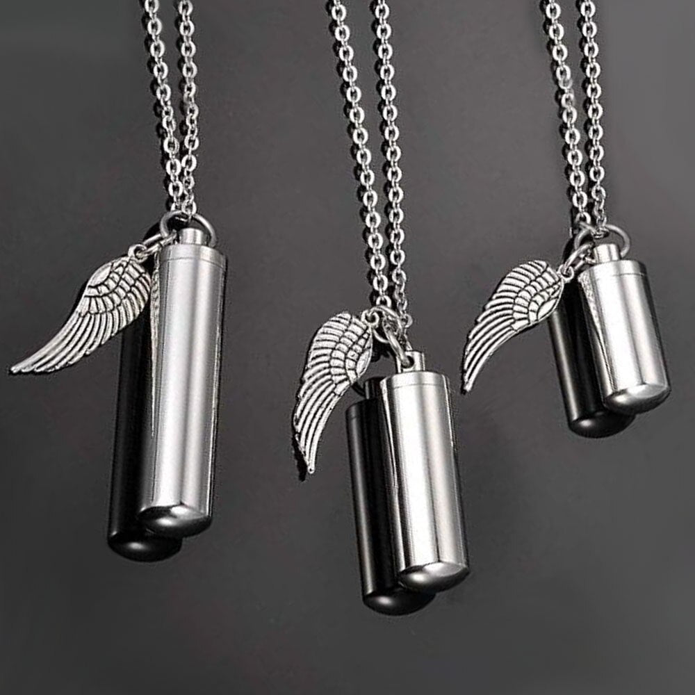 Stainless Steel Perfume Holder Cylinder Ashes Urn Pendant With Angel Wing Charm Cremation Memorial Necklace Jewelry
