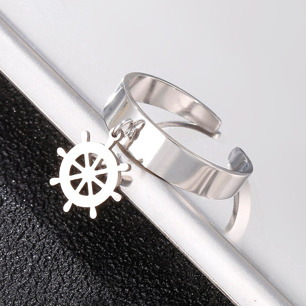 Stainless Steel Ring Silverly Color With the Rudder Ring For Women Friendship Punk Round Geometric Open  Rings Party Jewelry