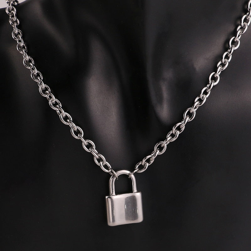 Stainless Steel Silver Color Pad Lock Pendant Long Necklace Brand Rolo Cable Chain Necklace Women Collar  Jewelry  Choker