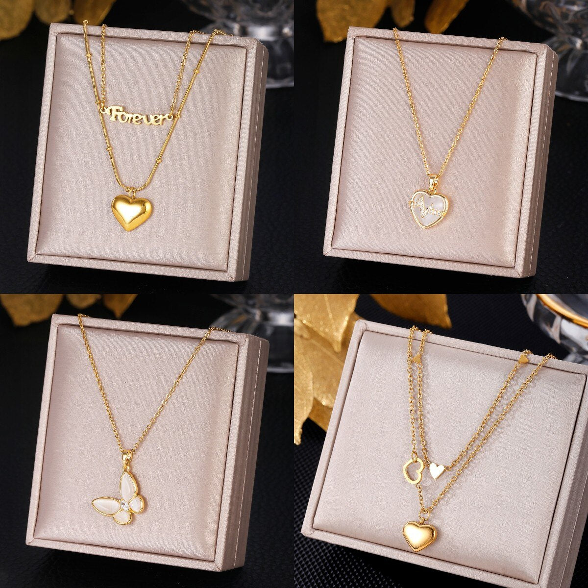 Stainless Steel Simple Heart Opal Gold Plated ECG Pendant Titanium Steel Multilaye Necklace Women's All-match Jewelry Trend