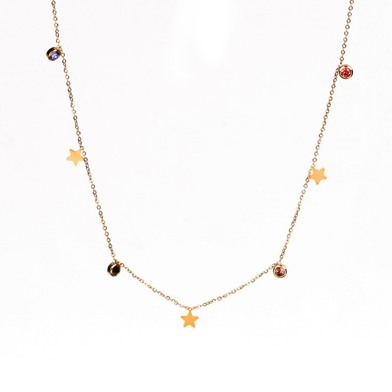 Stainless Steel Star Necklace For Women Colorful Rhinestone Crystal Pendant Necklace Charms Choker Jewelry Gift Collier Female