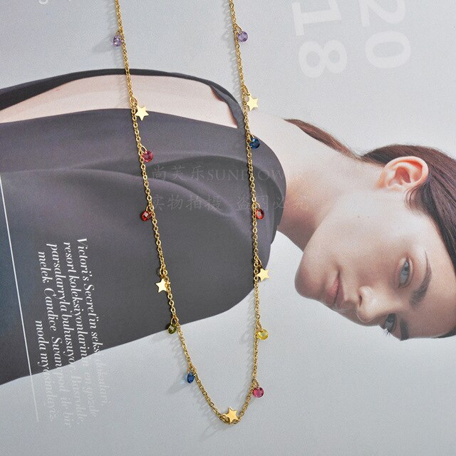 Stainless Steel Star Necklace For Women Colorful Rhinestone Crystal Pendant Necklace Charms Choker Jewelry Gift Collier Female