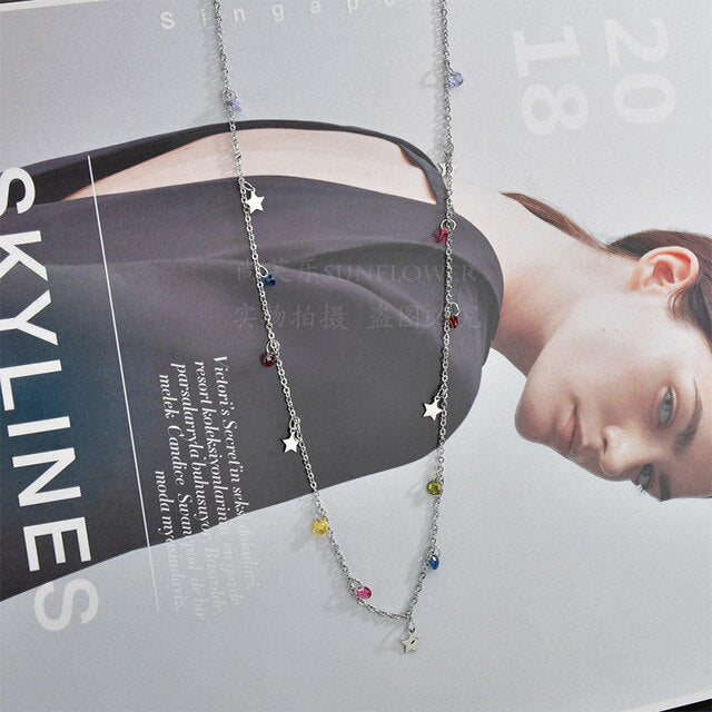 Stainless Steel Star Necklace For Women Colorful Rhinestone Crystal Pendant Necklace Charms Choker Jewelry Gift Collier Female