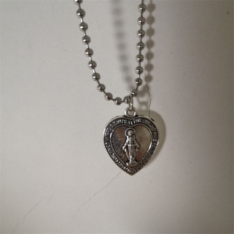 Stainless Steel Sweet Jesus Pendant Beads Choker Necklace Accessories Charm Love Heart Clavicle Chain Women Christian Jewelry