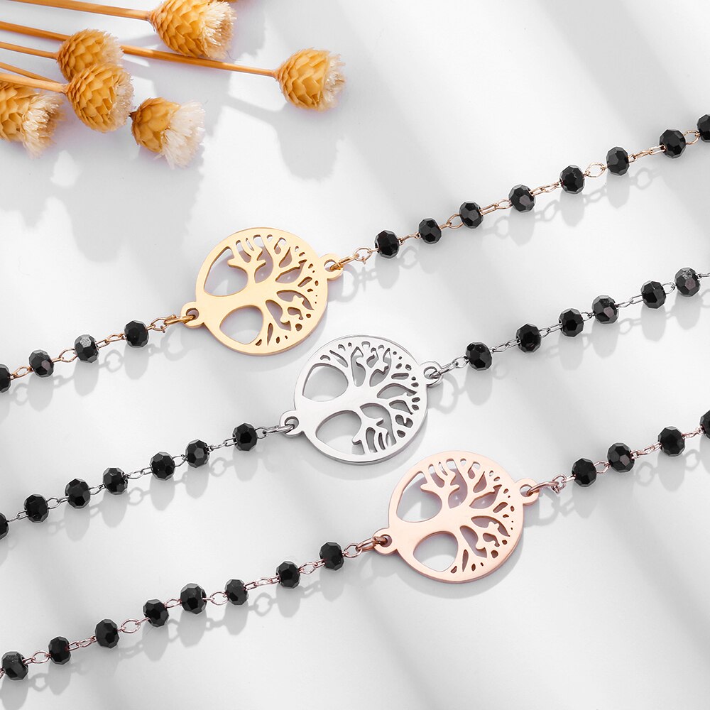 Stainless Steel Tree Of Life Charm Bracelet For Women Black Crystal Beads Pulseira Feminina Lover Engagement Jewelry