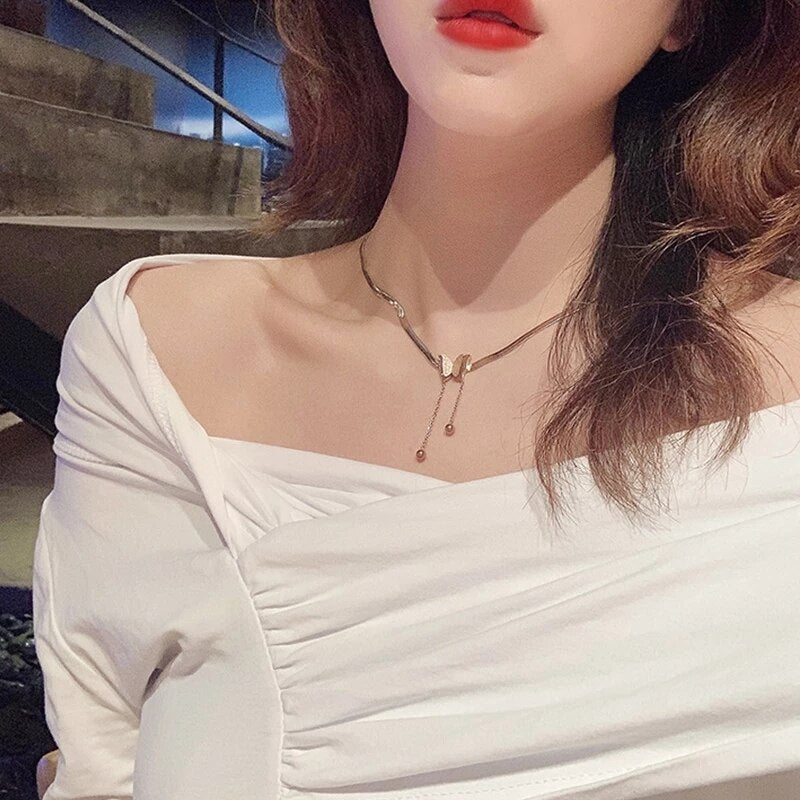 Stainless Steel Vintage Butterfly Necklaces Pendants Tassel Aesthetic Charms  Blade Snake Chains Choker For Women Jewelry Gifts