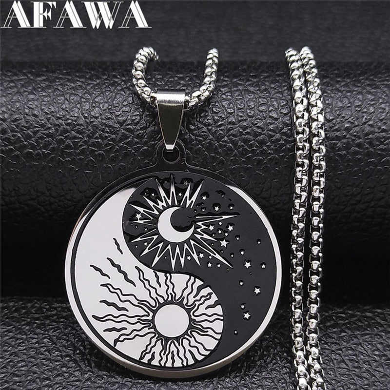 Stainless Steel Yin Yang Gossip Sun Moon Necklaces Chain for Women/Men Silver Color Necklaces Jewelry chaine collier N3624S02