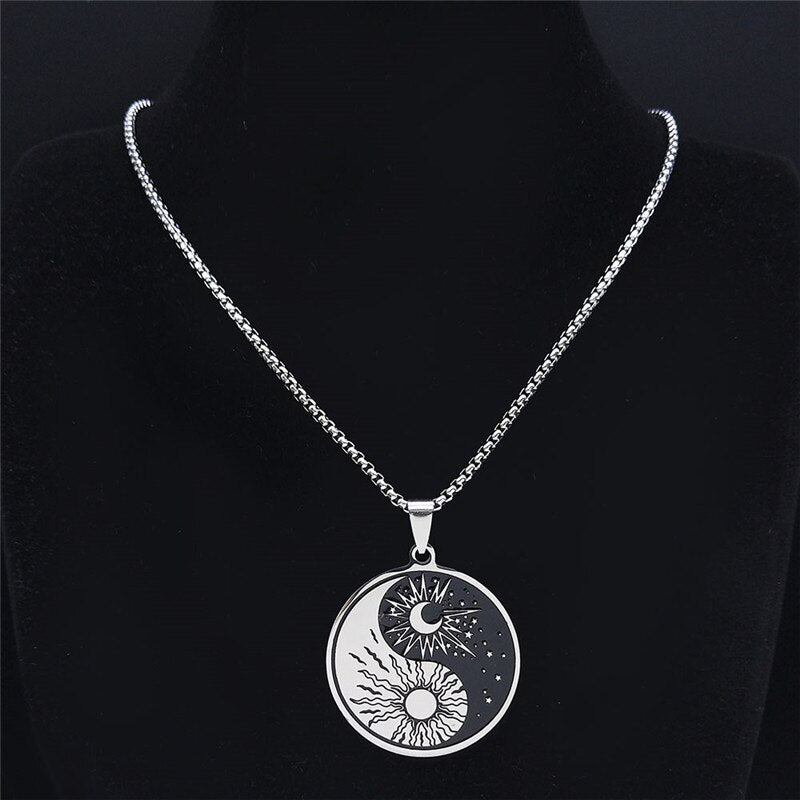 Stainless Steel Yin Yang Gossip Sun Moon Necklaces Chain for Women/Men Silver Color Necklaces Jewelry chaine collier N3624S02