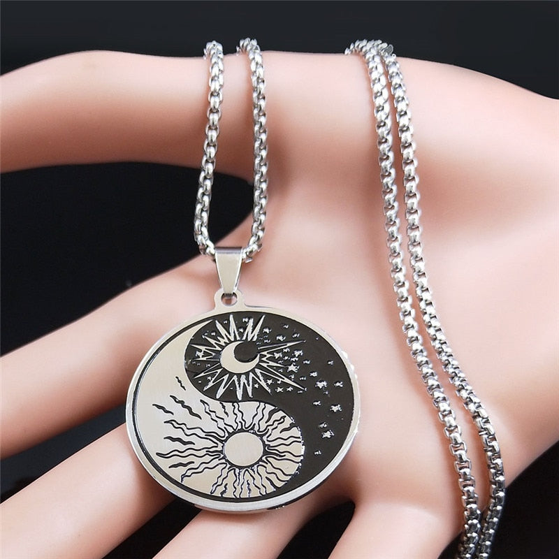 Stainless Steel Yin Yang Gossip Sun Moon Necklaces Chain for Women/Men Silver Color Necklaces Jewelry chaine collier N3624S02