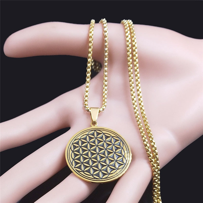Stainless Steel Yoga Flower of Life Necklaces Pendants for Women/Men Long Gold Color Necklace Jewelry collier ras de cou N734S02