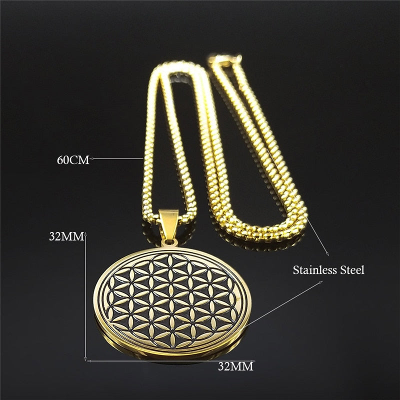 Stainless Steel Yoga Flower of Life Necklaces Pendants for Women/Men Long Gold Color Necklace Jewelry collier ras de cou N734S02