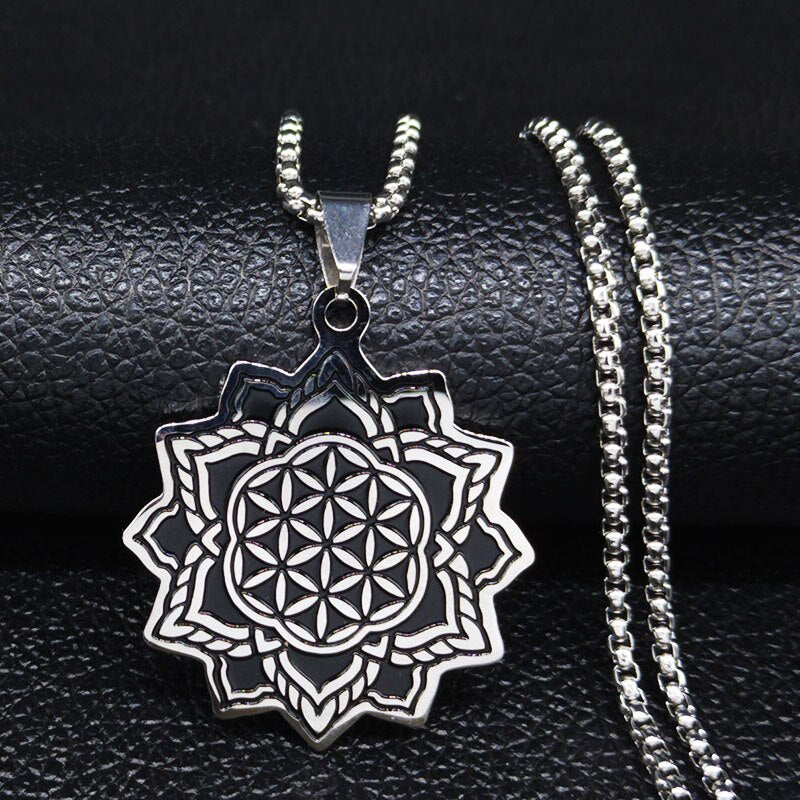 Stainless Steel Yoga Flower of Life Necklaces Pendants for Women/Men Long Gold Color Necklace Jewelry collier ras de cou N734S02