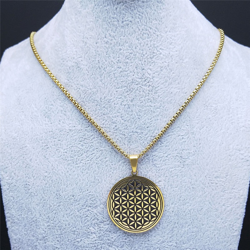 Stainless Steel Yoga Flower of Life Necklaces Pendants for Women/Men Long Gold Color Necklace Jewelry collier ras de cou N734S02