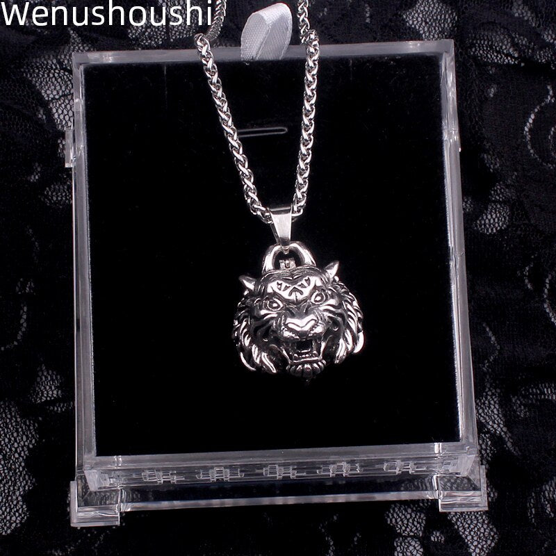 Stainless Steel chain vintage punk tiger head pendant necklaces for women men Hip hop open box animals necklace di046