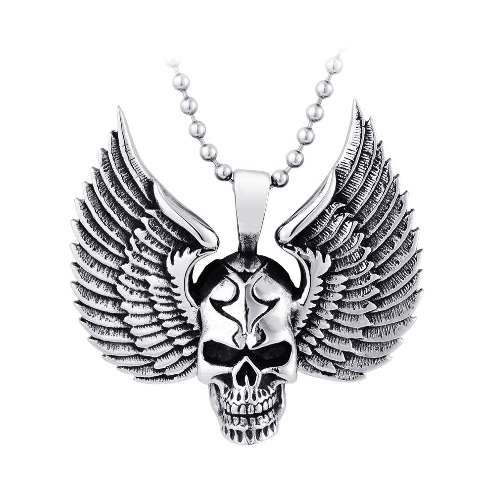 Stainless Steel punk Skull biker Pendant Necklace For Man cool wing Jewelry good detail choker jewelry