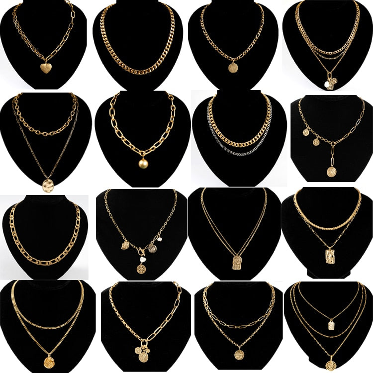 Stainless steel Metal Chain necklace coin Pendants pearl Golden Goth Hoop Choker  jewelry womens accessoires