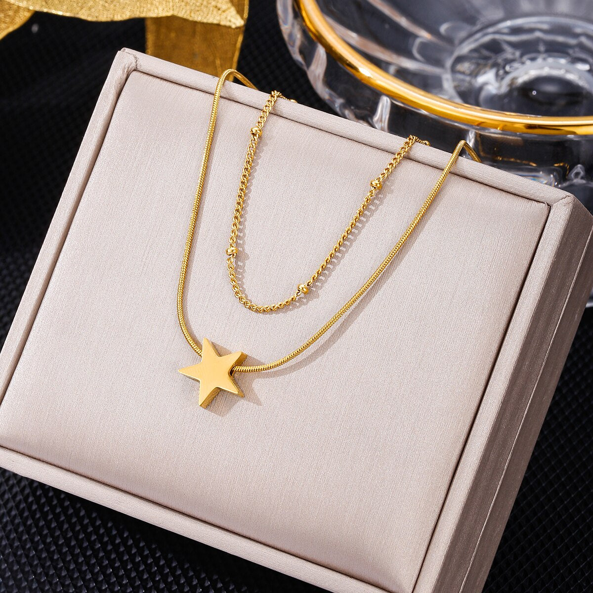 Stainless steel Star Pendant Gold Color Necklace Simple Sparkling Clavicle Chain Women Wedding Jewelry Party Gifts