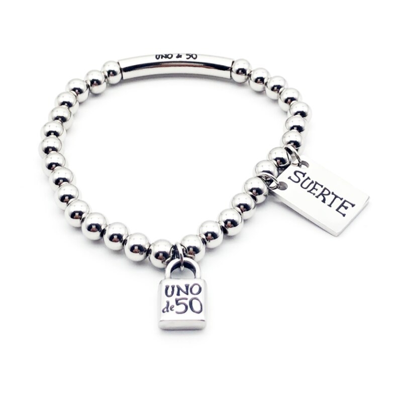 Stainless steel beaded elastic bracelet woman and man couple bracelet with lock charm heart-shaped bracelet Uno de 50 jewelry