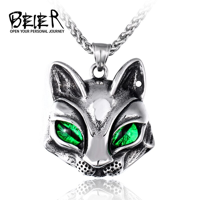 Stainless steel cat head pendant necklace trend men and women personality Cat eye stone titanium steel pendant chain BP8-553