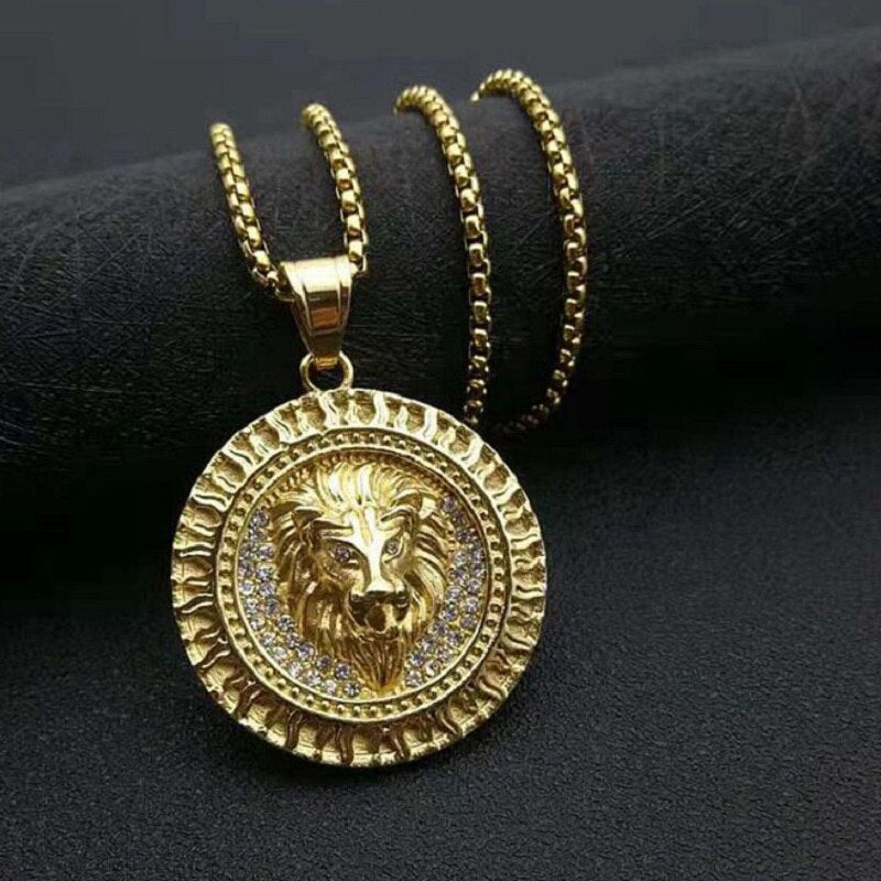 Stainless steel flame patterned lion head pendant necklace