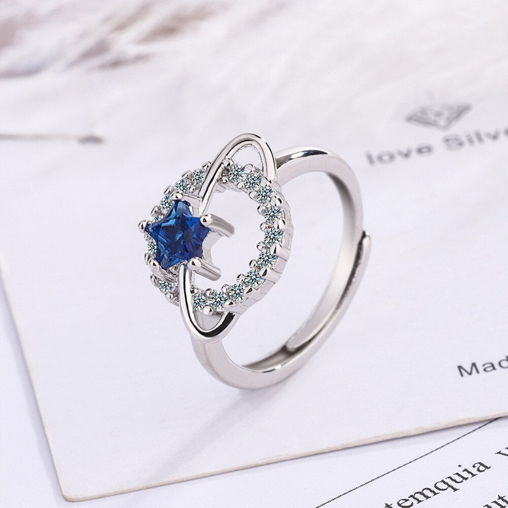 Star Adjustable Crystal Rings For Women 925 Stamp Silver Color Aesthetic Wedding Bride Jewelry Accessories