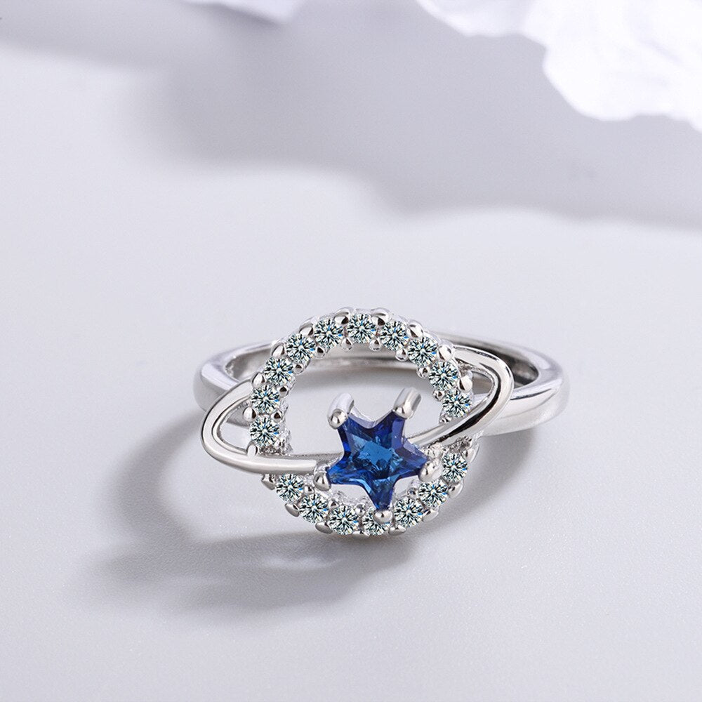 Star Adjustable Crystal Rings For Women 925 Stamp Silver Color Aesthetic Wedding Bride Jewelry Accessories