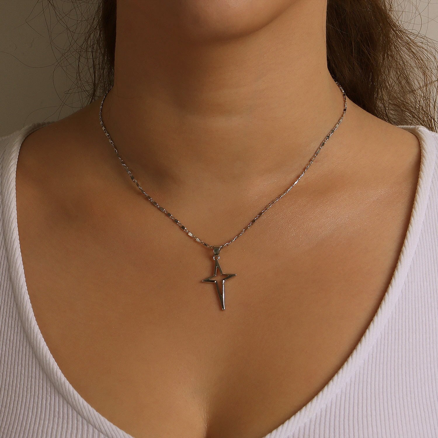 Star Cross Pendant Necklace Compass Silvery Punk Goth Y2k Egirl Choker Chain Neck Jewelry Hip Pop Accessories