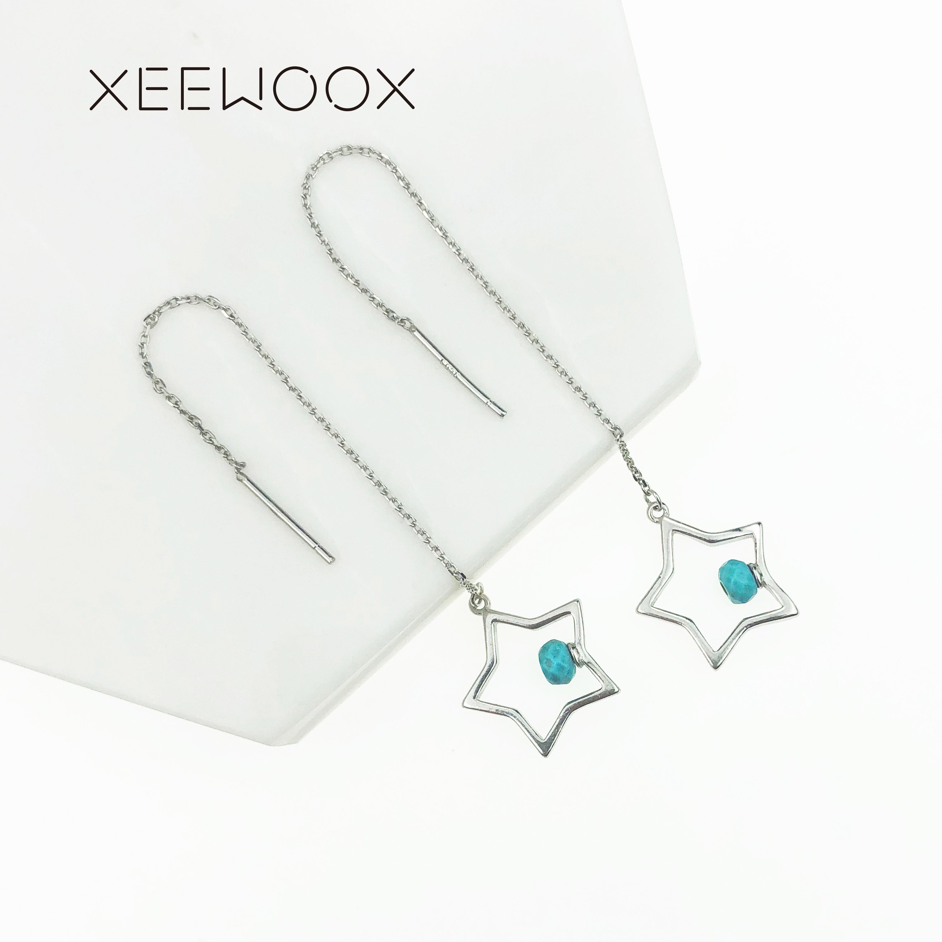 Star Drop Earrings With Turquoise Long Ear Line Earrings 925 Sterling Silver Jewelry Fashion Week Creative Gift