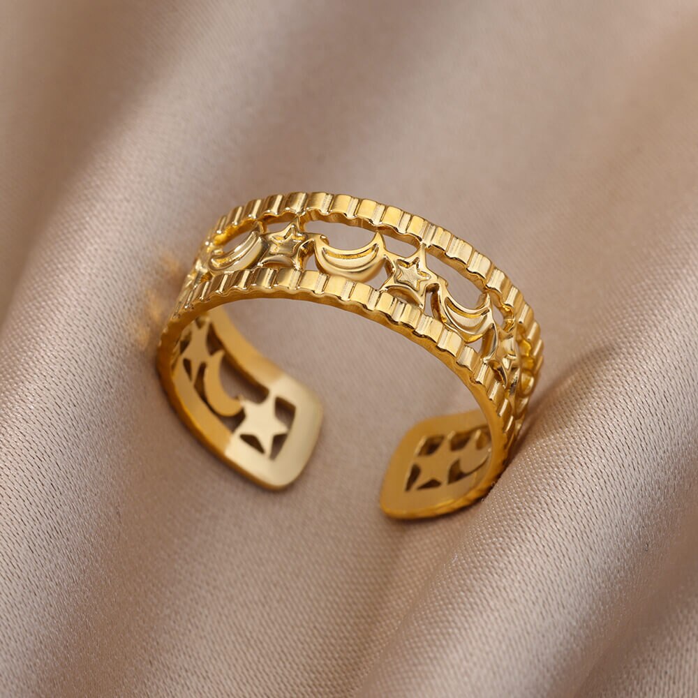 Star Moon Rings for Women Open Adjustable Double Layers Stainless Steel Ring Vintage Series Aesthetic Wedding Jewelry anillos