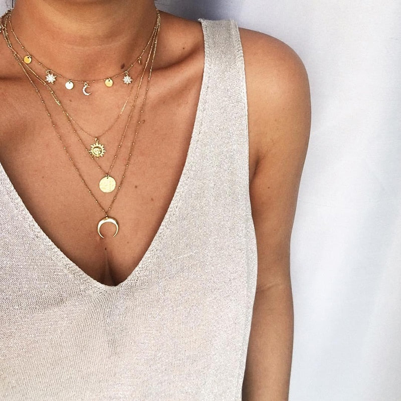 Star Necklace Pendant Clavicle Necklace Chain Vintage Star Crescent Four -layer Necklace Jewelry Women's Neck Chain цепочка