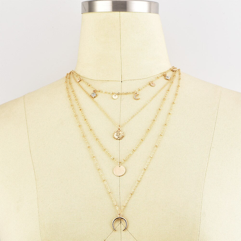 Star Necklace Pendant Clavicle Necklace Chain Vintage Star Crescent Four -layer Necklace Jewelry Women's Neck Chain цепочка