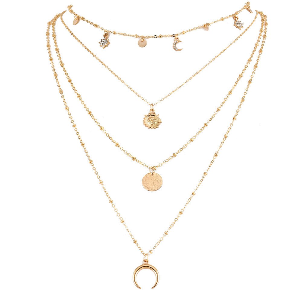 Star Necklace Pendant Clavicle Necklace Chain Vintage Star Crescent Four -layer Necklace Jewelry Women's Neck Chain цепочка