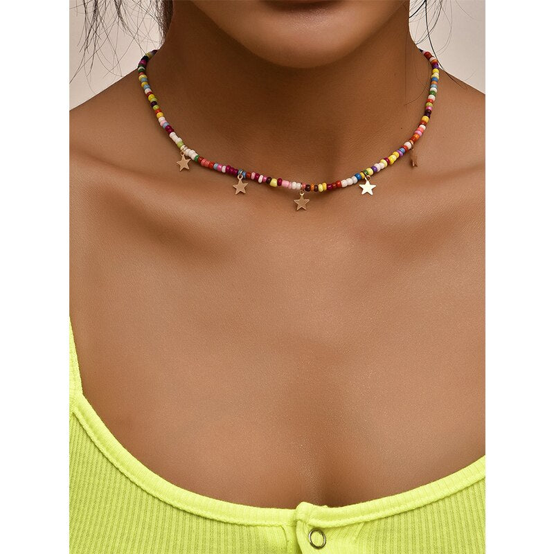 Star Pendants Chokers Bohemian Short Chain Necklaces for Women Multi-colored Beads Collar Perosnality za Neck Jewelry