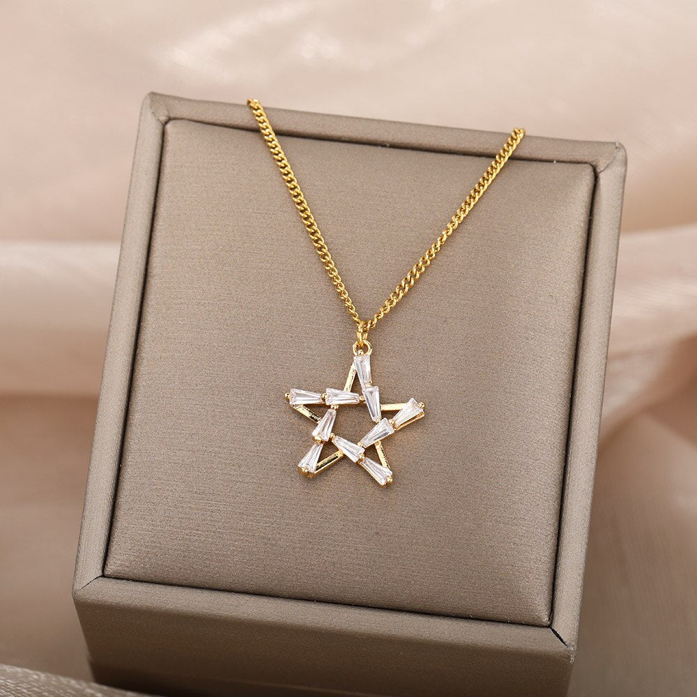 Star of David Pendant Necklace for Men Women Stainless Steel Crystal Hollow Star Necklace Choker Chain Vintage Jewelry Mujer
