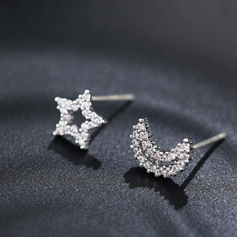 Stars Moon CZ Earrings 925 Sterling Silver Ear Pin Earring Stud Women jewelry Delicate Dainty Minimalist Simple Cute Brinco