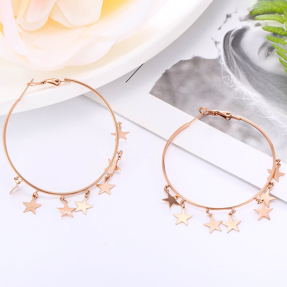 Stars Tassel Hoop Earrings Stainless Steel Big Exaggeration Geometric Circle Rose Gold For Women Jewelry Orecchini Party
