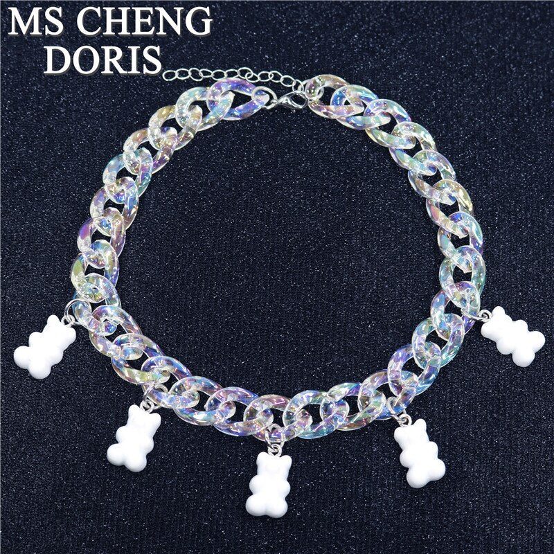 Statement Acrylic Chain Multicolor Transparent Bear Necklace Bohemian Summer Cute Candy Color Resin Gummy Bear Collar Necklaces