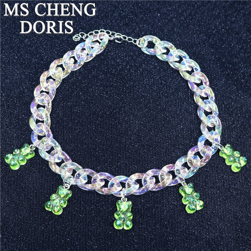 Statement Acrylic Chain Multicolor Transparent Bear Necklace Bohemian Summer Cute Candy Color Resin Gummy Bear Collar Necklaces