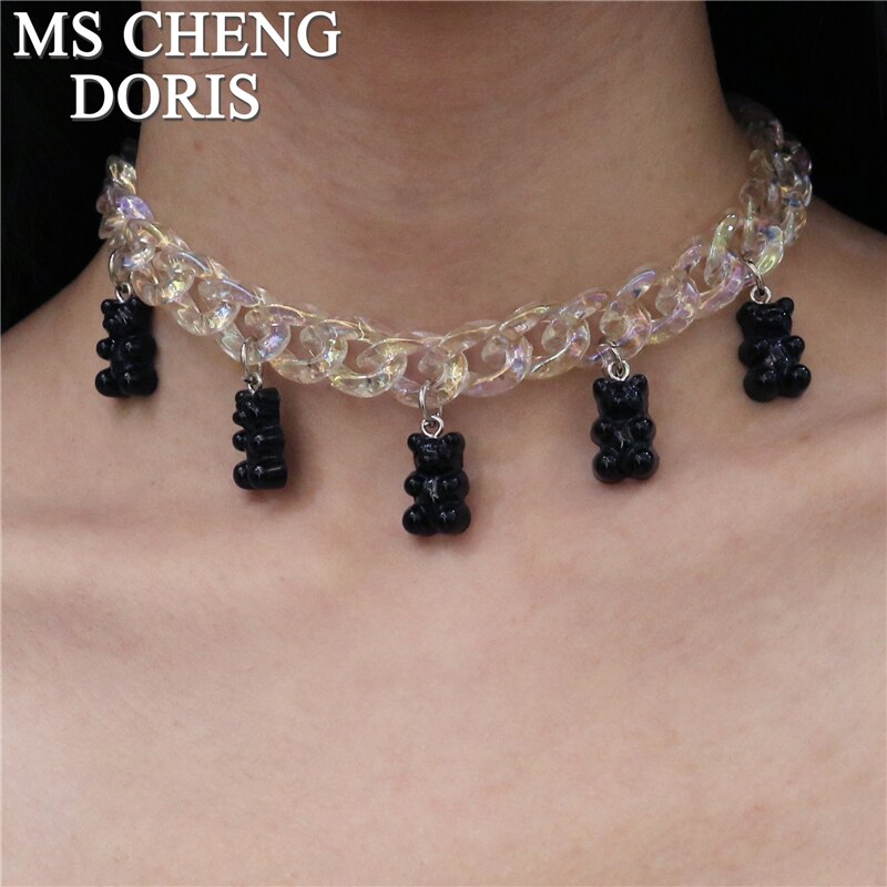Statement Acrylic Chain Multicolor Transparent Bear Necklace Bohemian Summer Cute Candy Color Resin Gummy Bear Collar Necklaces