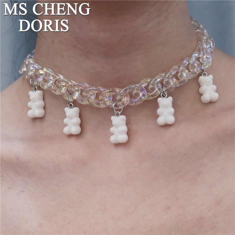 Statement Acrylic Chain Multicolor Transparent Bear Necklace Bohemian Summer Cute Candy Color Resin Gummy Bear Collar Necklaces