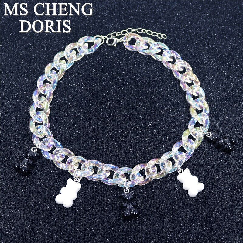 Statement Acrylic Chain Multicolor Transparent Bear Necklace Bohemian Summer Cute Candy Color Resin Gummy Bear Collar Necklaces
