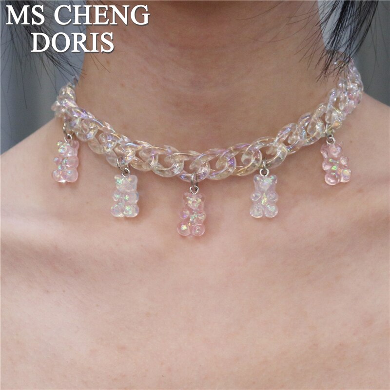 Statement Acrylic Chain Multicolor Transparent Bear Necklace Bohemian Summer Cute Candy Color Resin Gummy Bear Collar Necklaces