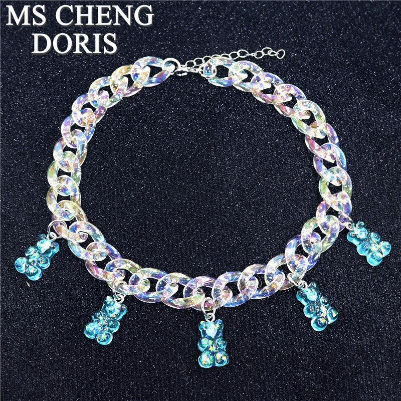 Statement Acrylic Chain Multicolor Transparent Bear Necklace Bohemian Summer Cute Candy Color Resin Gummy Bear Collar Necklaces