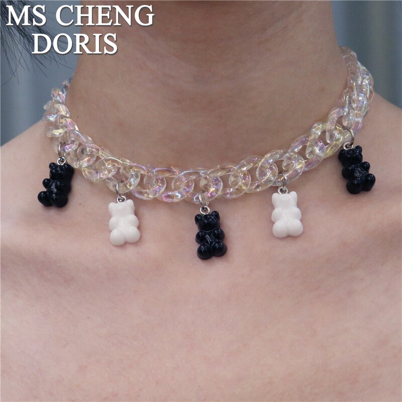 Statement Acrylic Chain Multicolor Transparent Bear Necklace Bohemian Summer Cute Candy Color Resin Gummy Bear Collar Necklaces
