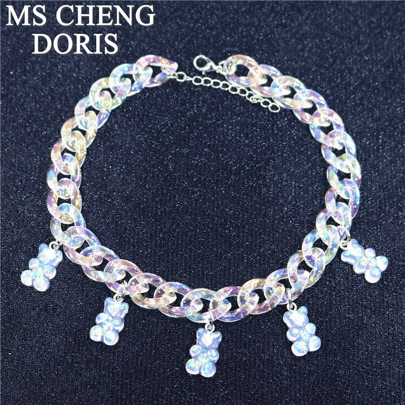 Statement Acrylic Chain Multicolor Transparent Bear Necklace Bohemian Summer Cute Candy Color Resin Gummy Bear Collar Necklaces